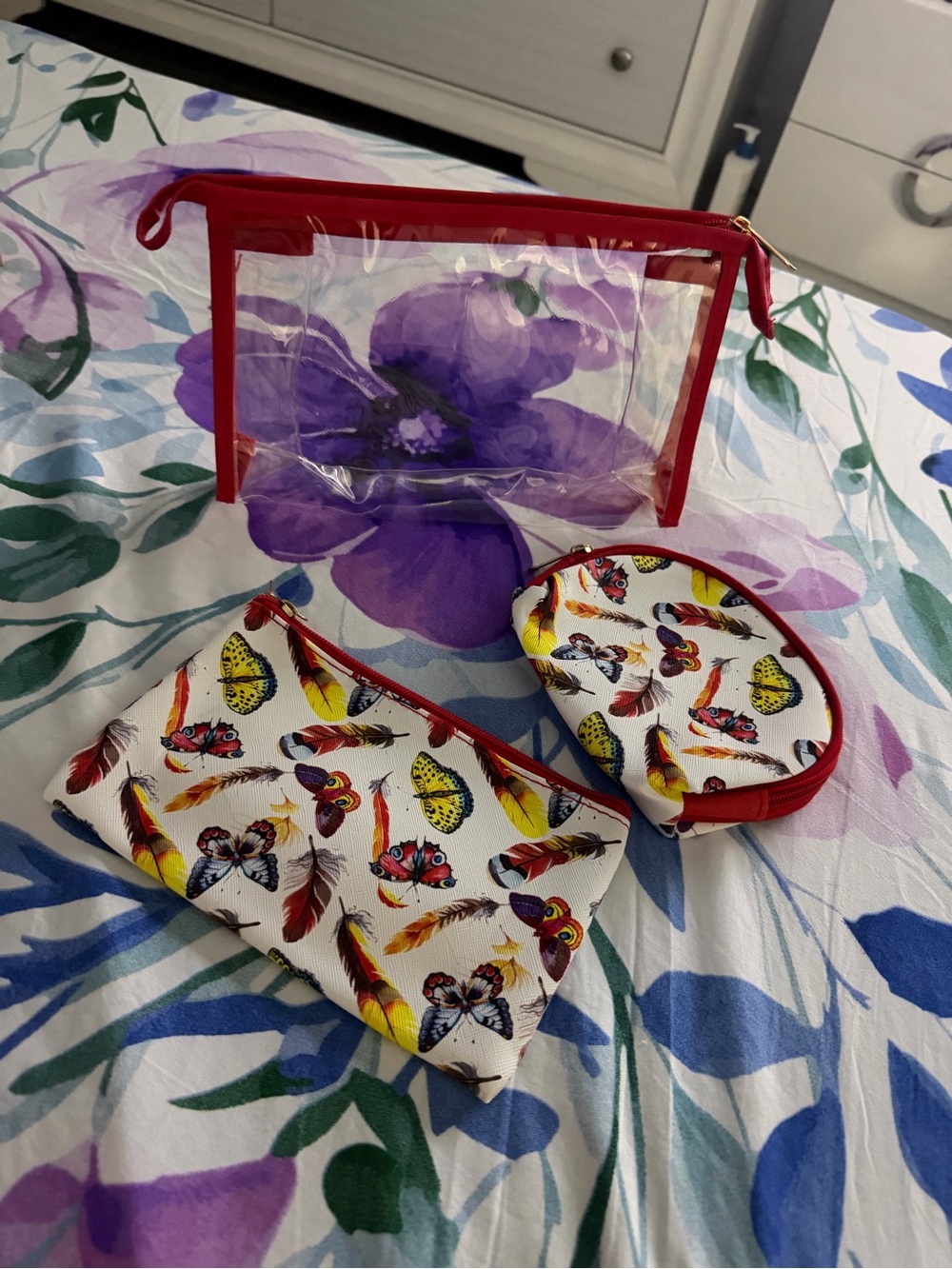 3-Piece Butterfly & Feather Cosmetic Bag Set - Red Trim